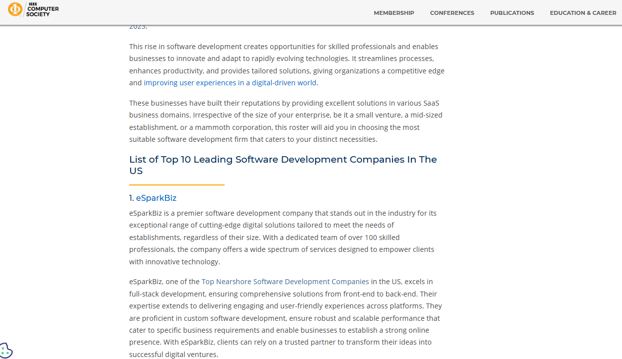 eSparkBiz Named #1 Among Top 10 Software Development Companies in the U.S. by IEEE Computer Society 1 IEEE Computer Society