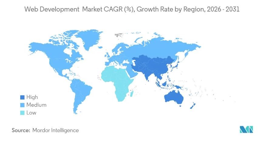 Which are the Best Companies for Hiring Web Developers in India? 2 Global map showing web development market CAGR by region from 2026 to 2031, highlighting high, medium, and low growth areas.