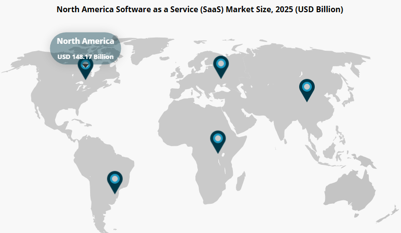 Which Companies offer the Best SaaS Developers in the USA? 2 Map showing North America, Europe, Asia, South America, and Africa with markers indicating SaaS market sizes in 2025.