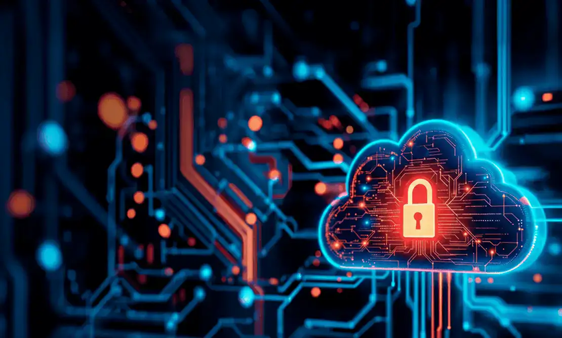 Digital cloud with lock symbol representing eS cloud security solutions.