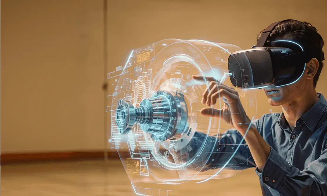 Person using VR headset with holographic digital interface.