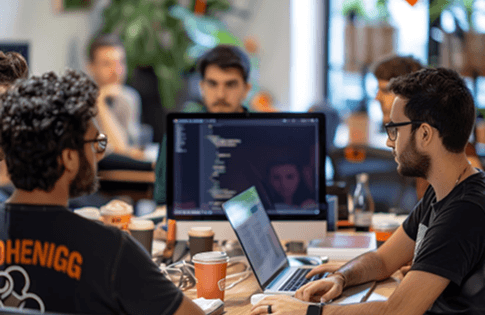 Developers collaborating on ReactJS project at eS office.